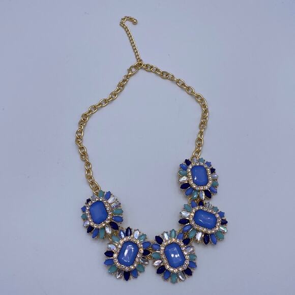 Women Gold Tone Blue Faux Gems Rhinestones Statement Bib Chain Necklace - Picture 3 of 5